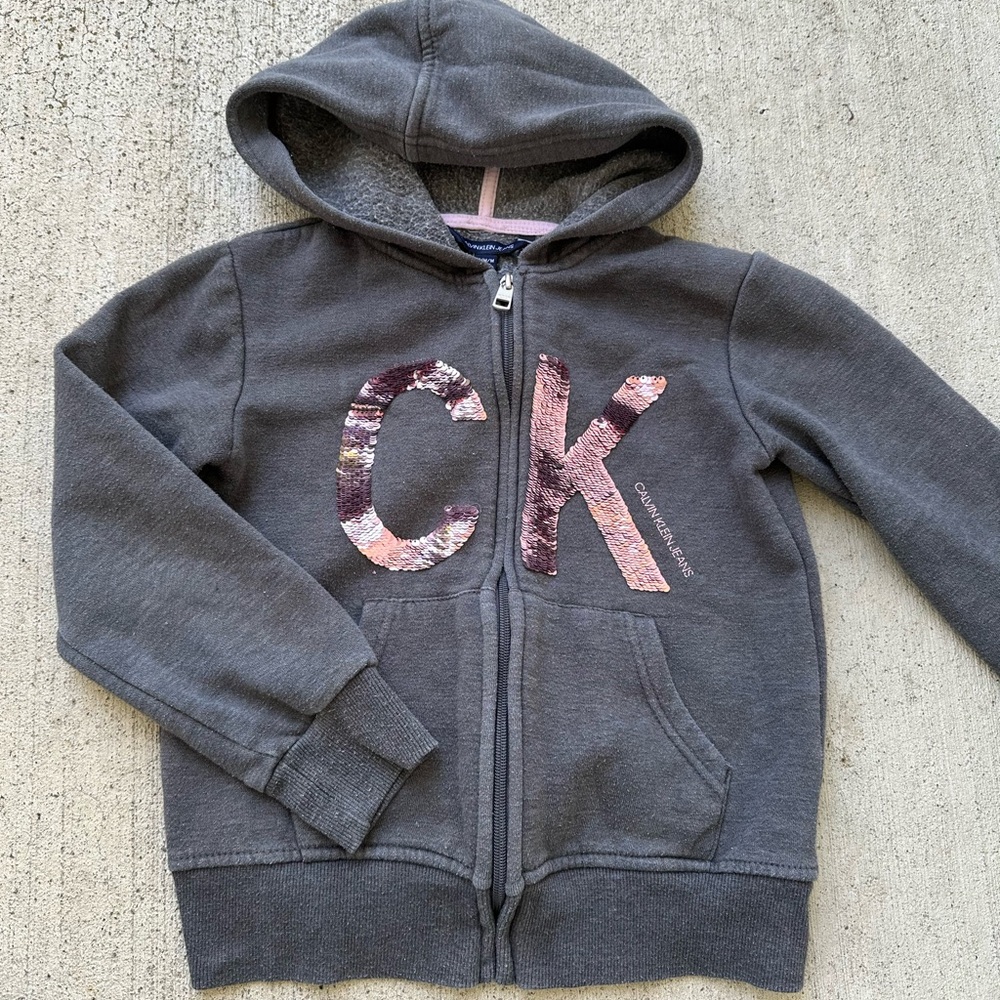 Calvin Klein Sequin logo CK Full Zip Hoodie Girls hearher charcoal flip Size M